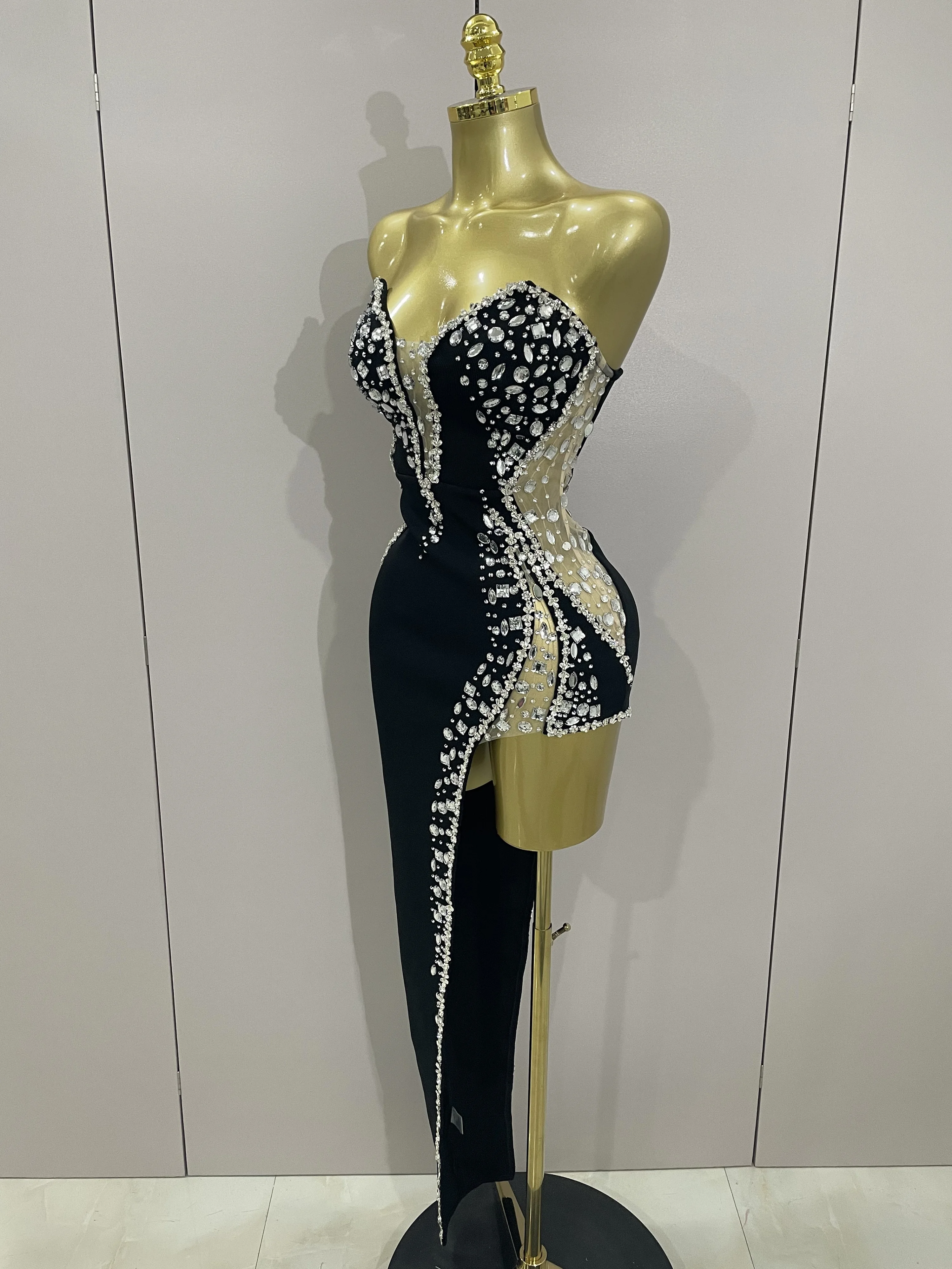 Newest High Quality Sexy Strapless Shinning Rhinestones Bodycon Bandage Long Dress Women Fashion Celebrate Evening Party Vestido