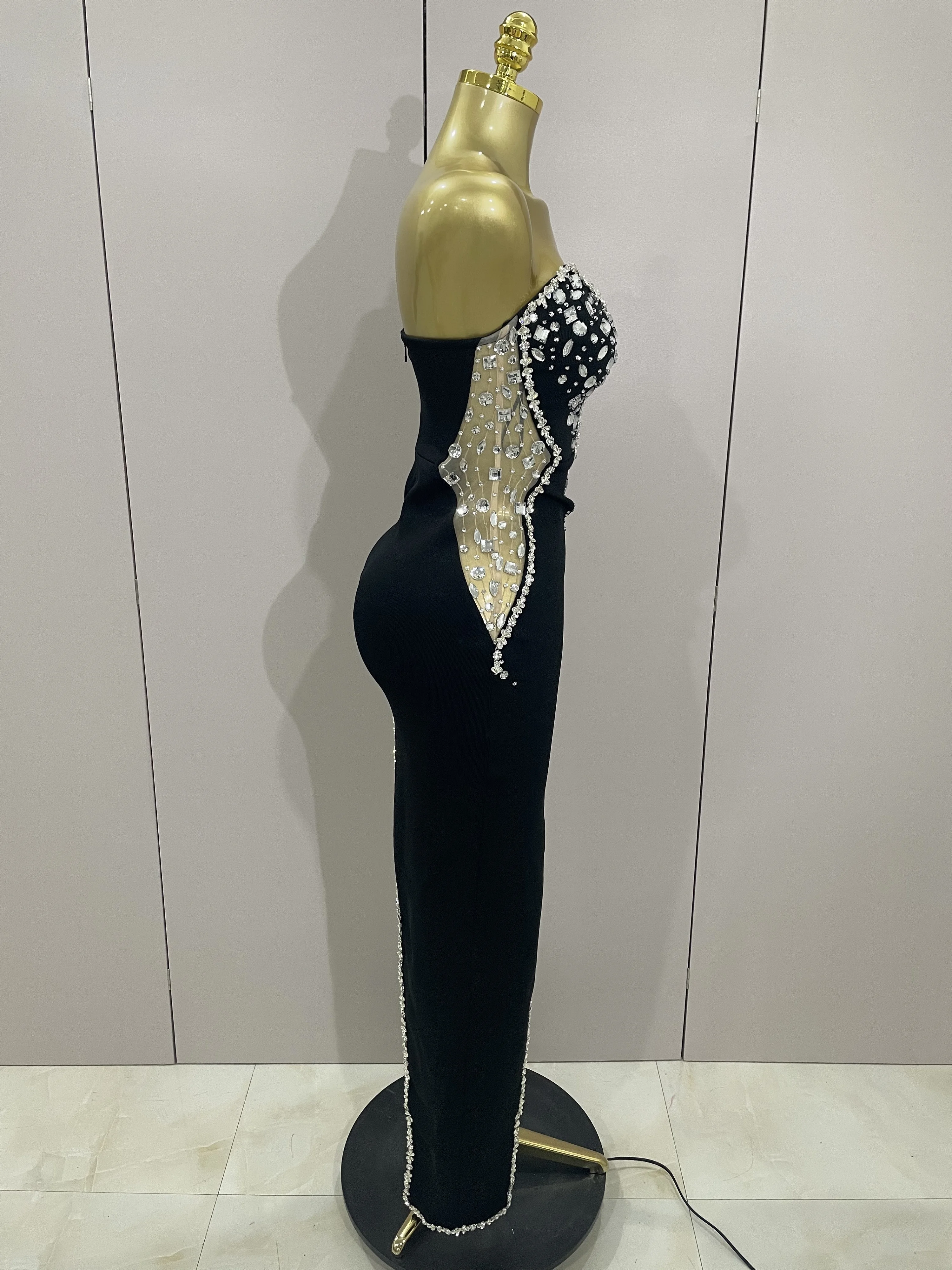 Newest High Quality Sexy Strapless Shinning Rhinestones Bodycon Bandage Long Dress Women Fashion Celebrate Evening Party Vestido