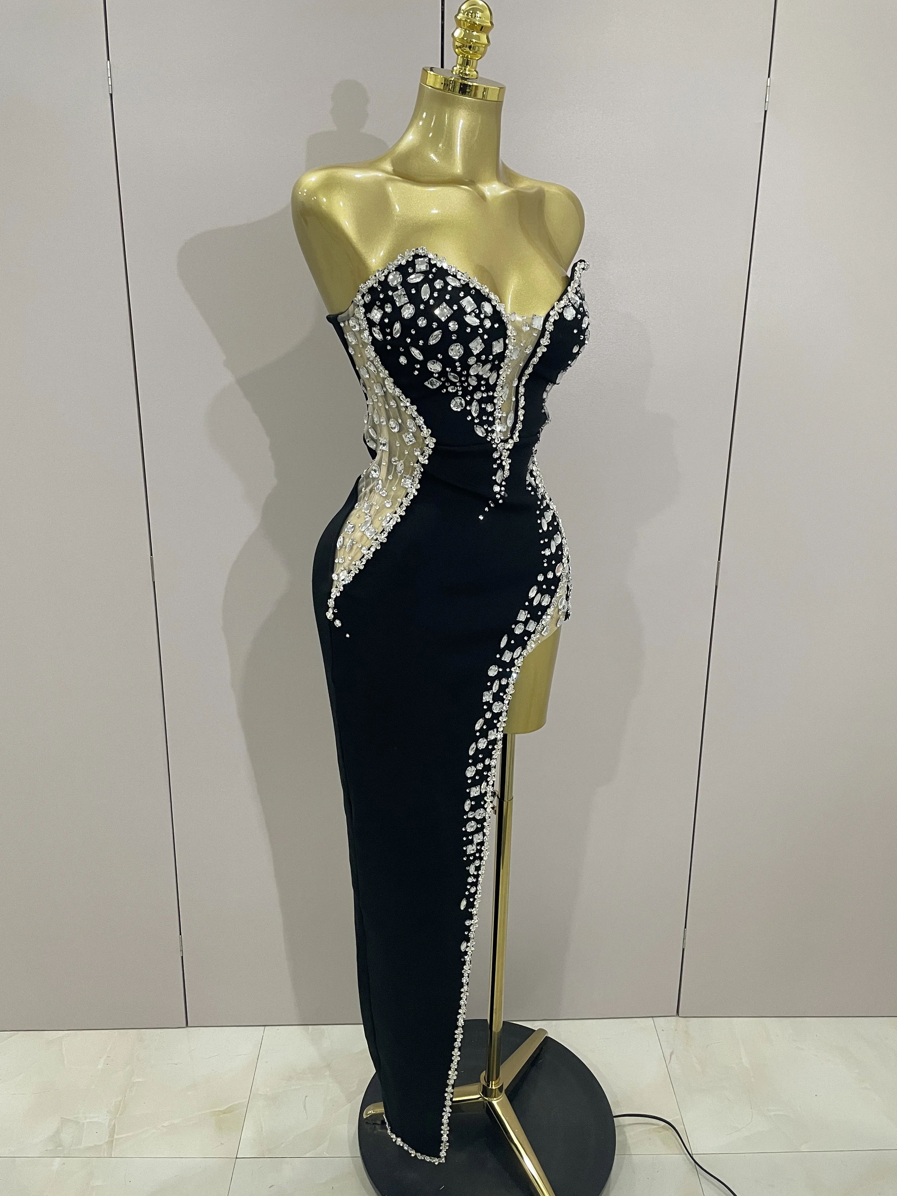 Newest High Quality Sexy Strapless Shinning Rhinestones Bodycon Bandage Long Dress Women Fashion Celebrate Evening Party Vestido