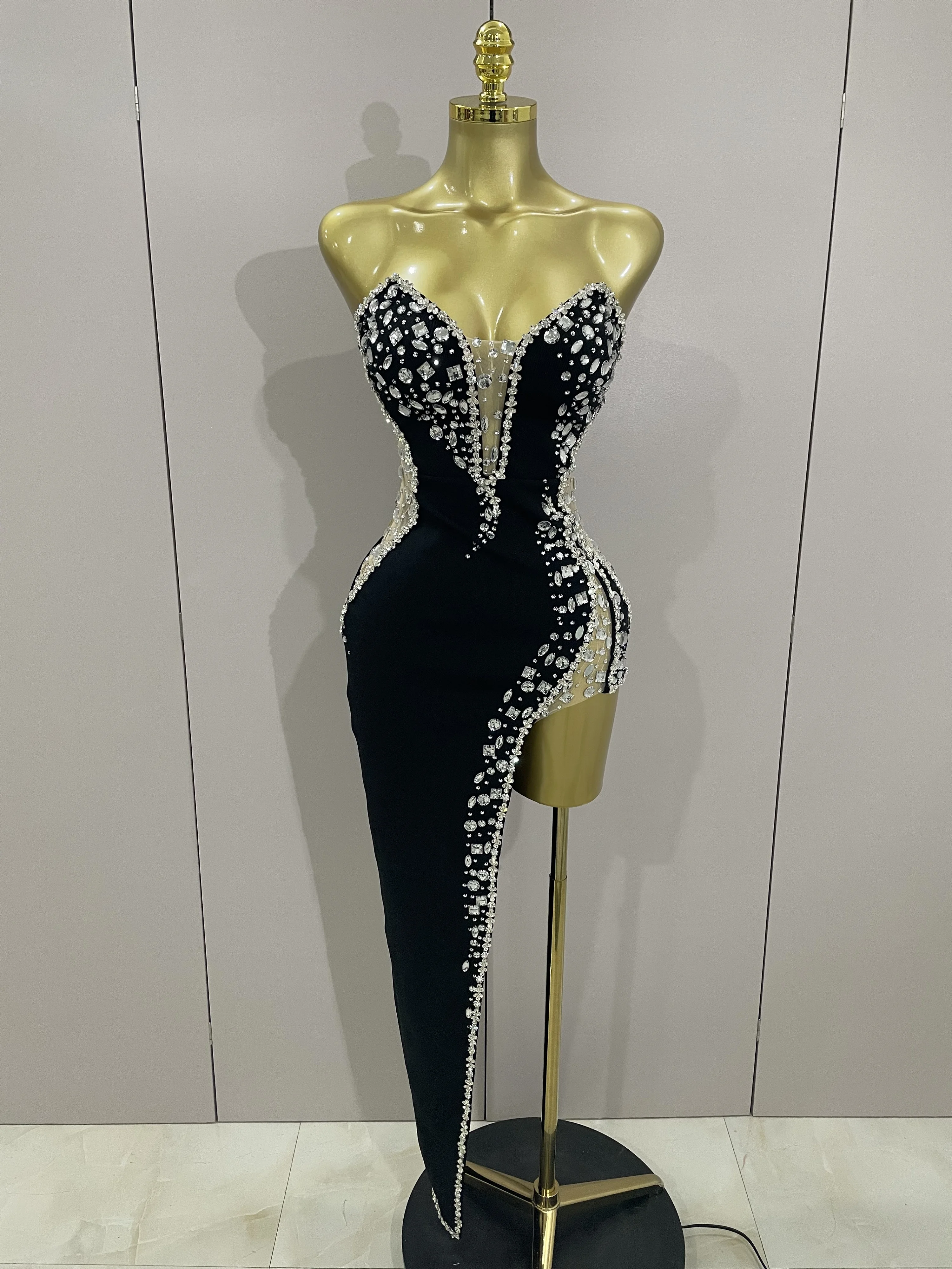 Newest High Quality Sexy Strapless Shinning Rhinestones Bodycon Bandage Long Dress Women Fashion Celebrate Evening Party Vestido