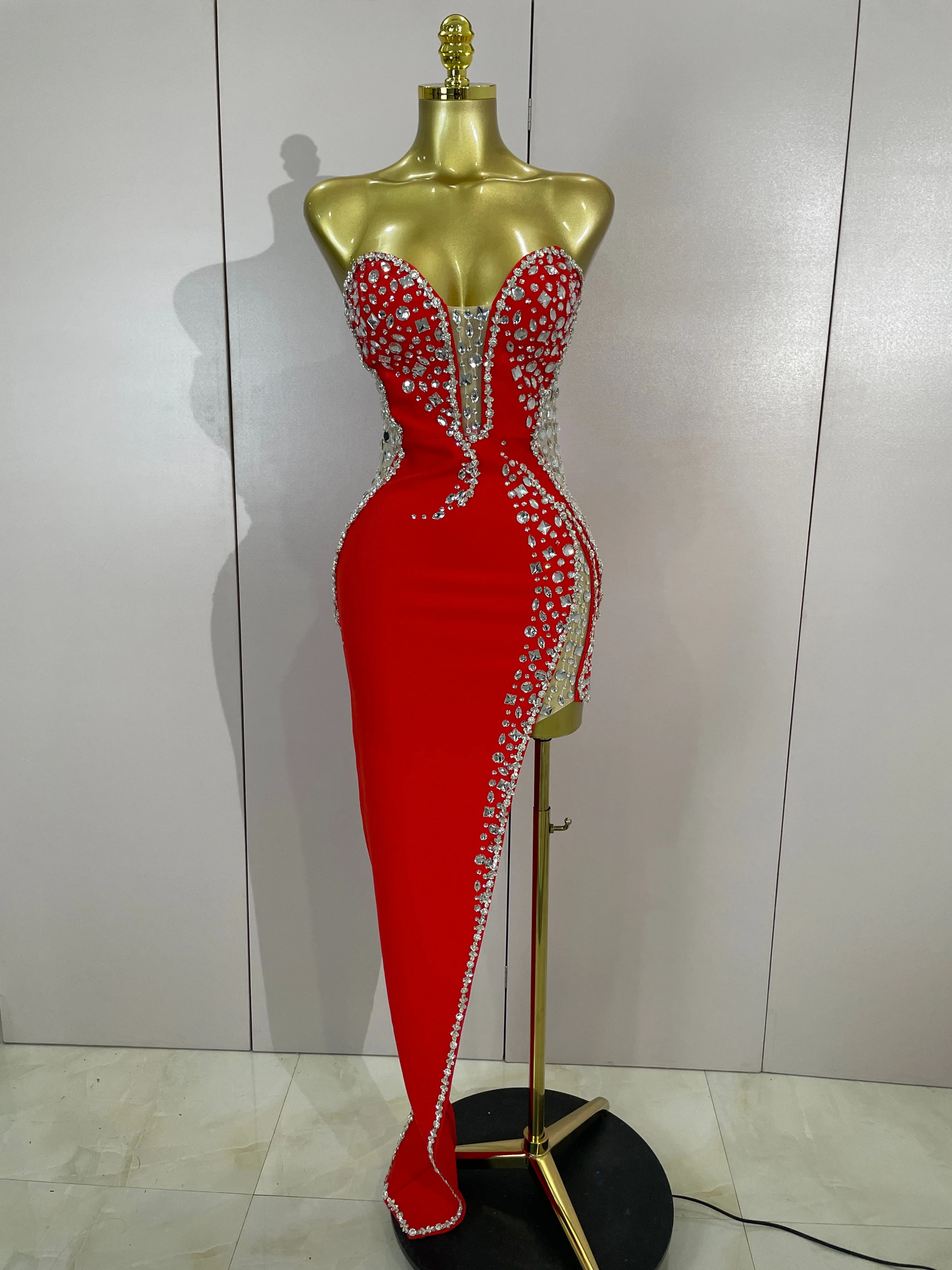 Newest High Quality Sexy Strapless Shinning Rhinestones Bodycon Bandage Long Dress Women Fashion Celebrate Evening Party Vestido
