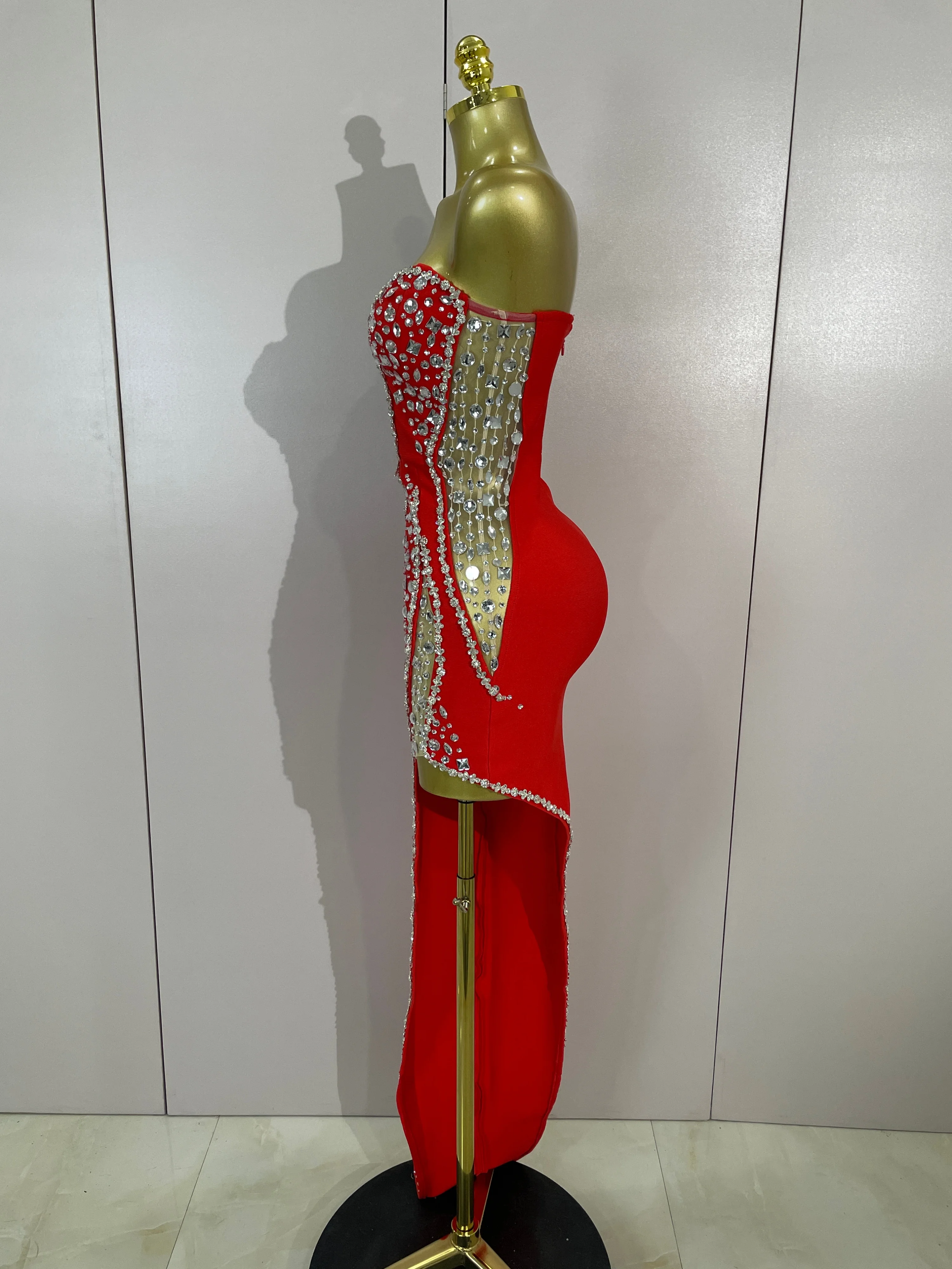 Newest High Quality Sexy Strapless Shinning Rhinestones Bodycon Bandage Long Dress Women Fashion Celebrate Evening Party Vestido
