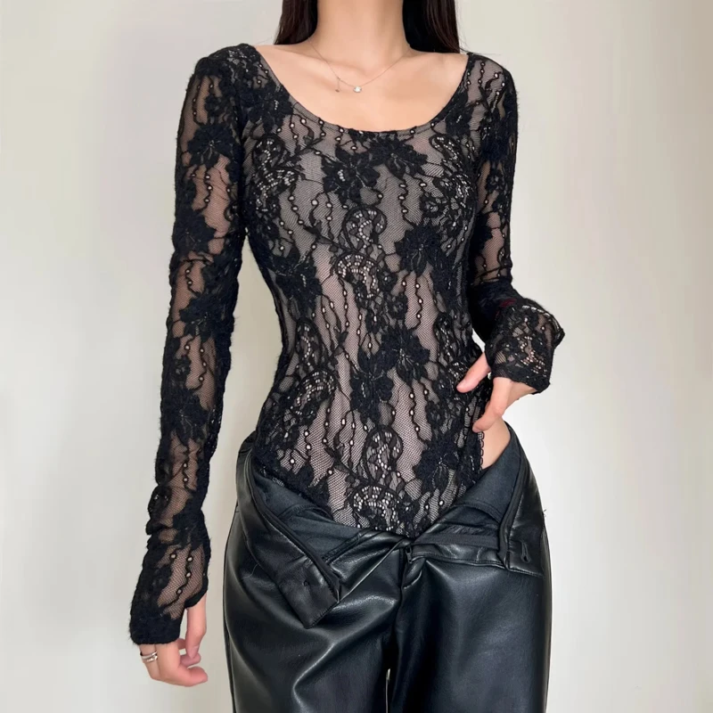 Women's Scoop Neck Double Layer Long Sleeved Lace Bodysuit