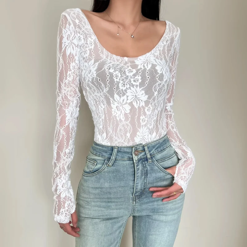 Women's Scoop Neck Double Layer Long Sleeved Lace Bodysuit