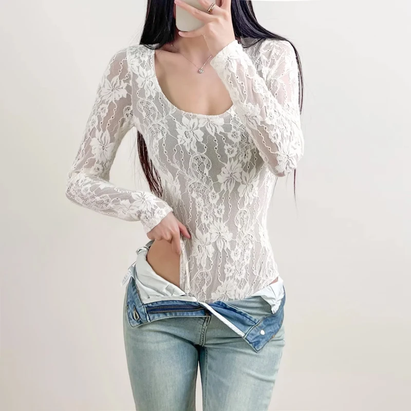 Women's Scoop Neck Double Layer Long Sleeved Lace Bodysuit
