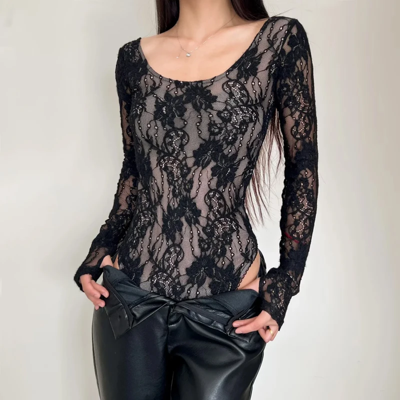 Women's Scoop Neck Double Layer Long Sleeved Lace Bodysuit