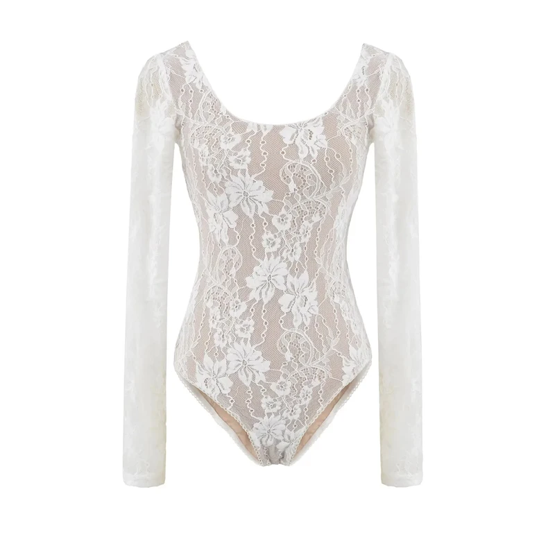 Women's Scoop Neck Double Layer Long Sleeved Lace Bodysuit