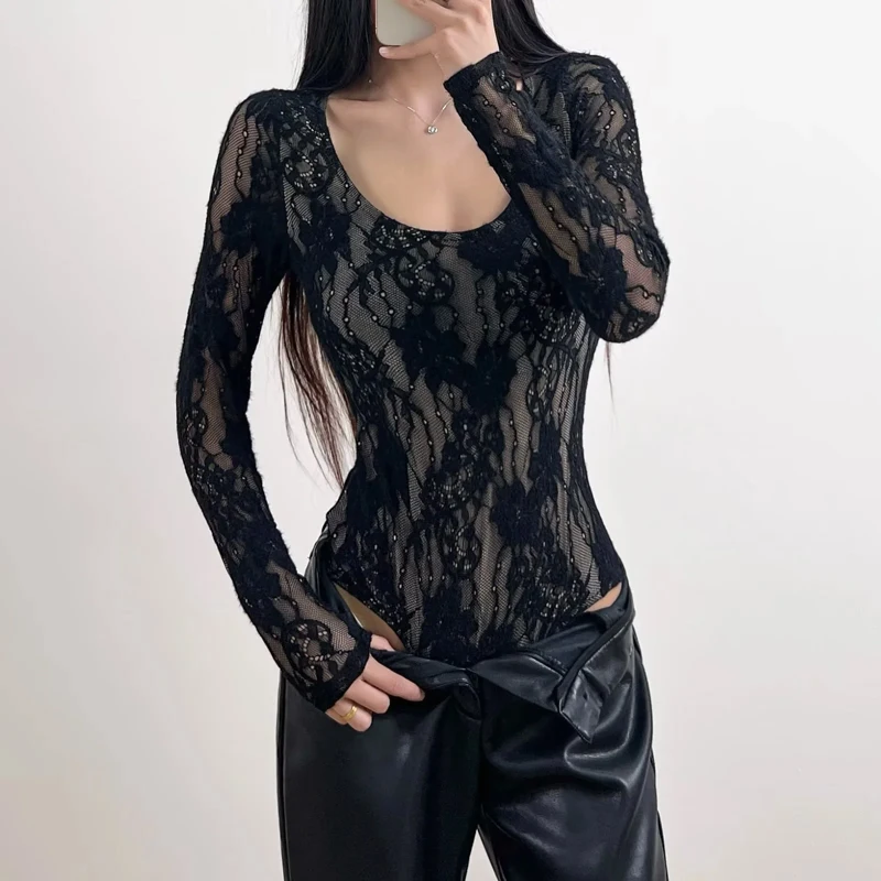 Women's Scoop Neck Double Layer Long Sleeved Lace Bodysuit