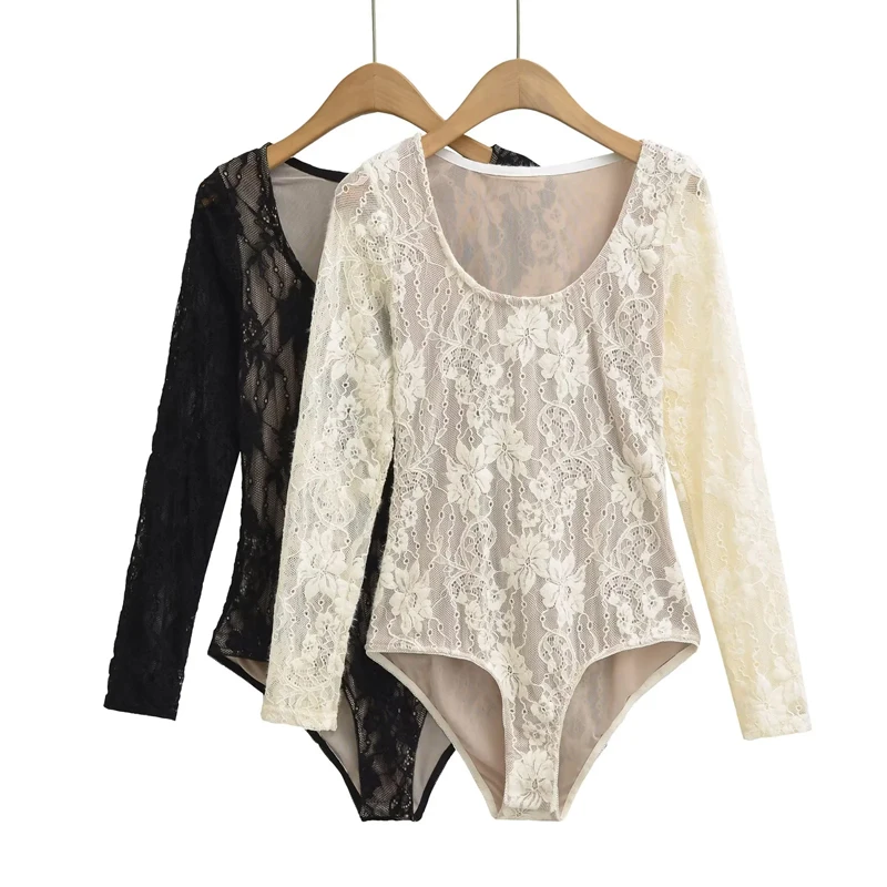 Women's Scoop Neck Double Layer Long Sleeved Lace Bodysuit