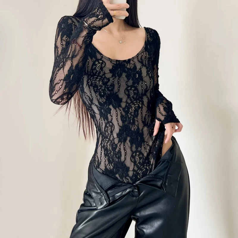 Women's Scoop Neck Double Layer Long Sleeved Lace Bodysuit