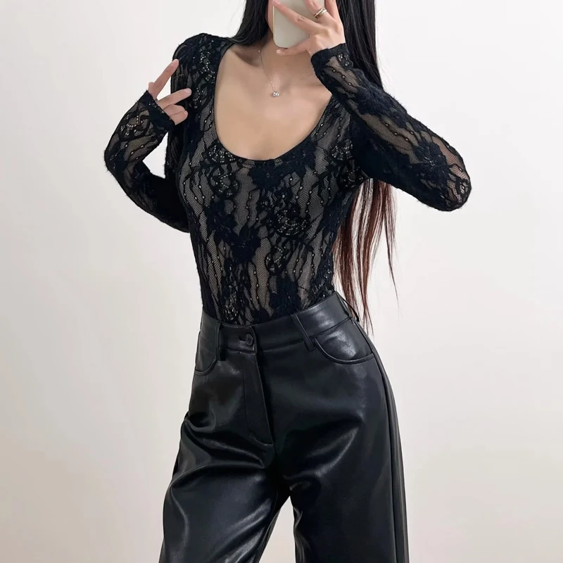 Women's Scoop Neck Double Layer Long Sleeved Lace Bodysuit