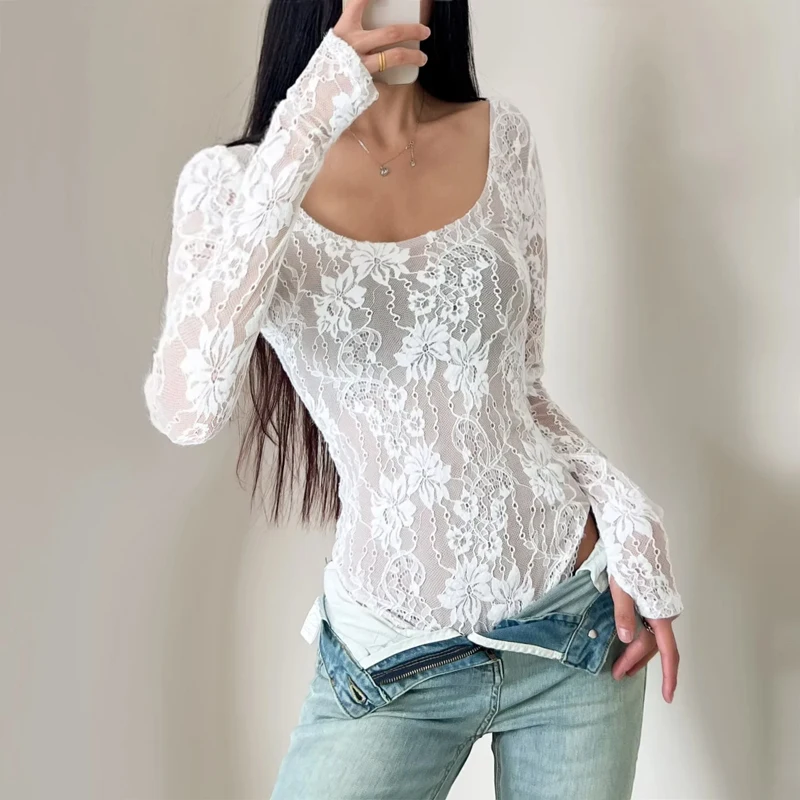 Women's Scoop Neck Double Layer Long Sleeved Lace Bodysuit