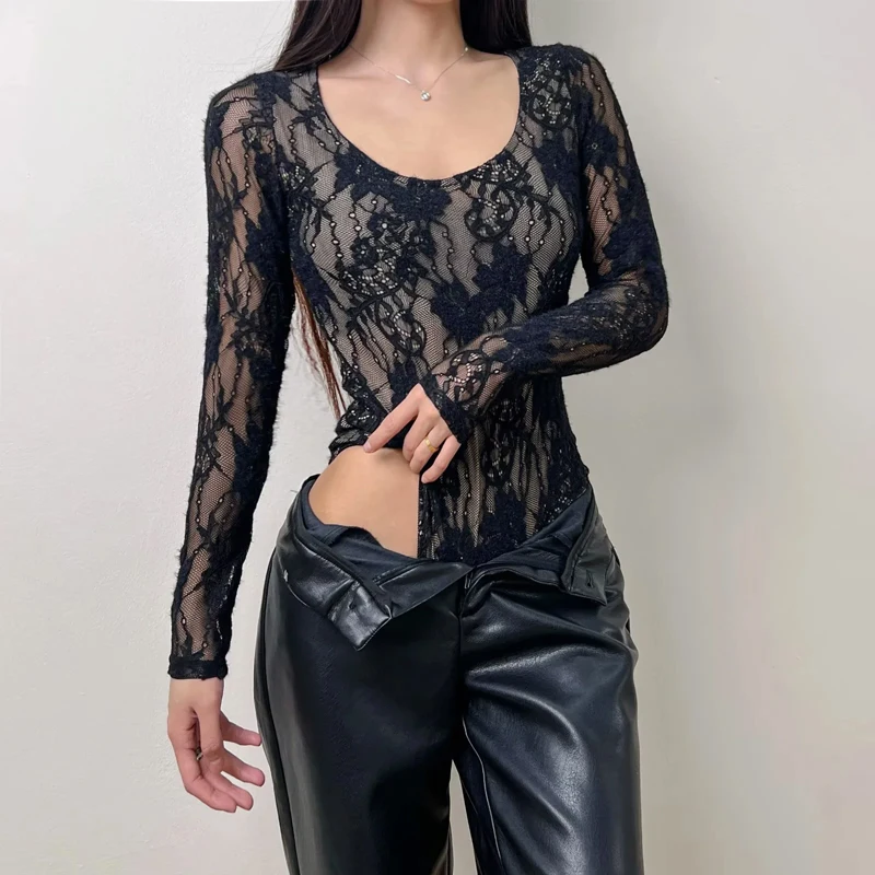 Women's Scoop Neck Double Layer Long Sleeved Lace Bodysuit