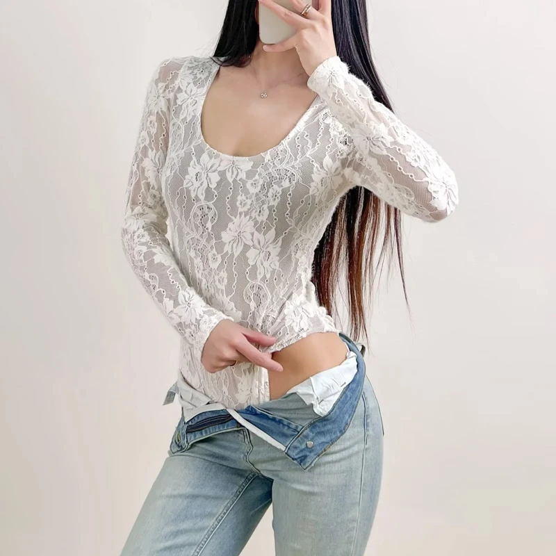 Women's Scoop Neck Double Layer Long Sleeved Lace Bodysuit