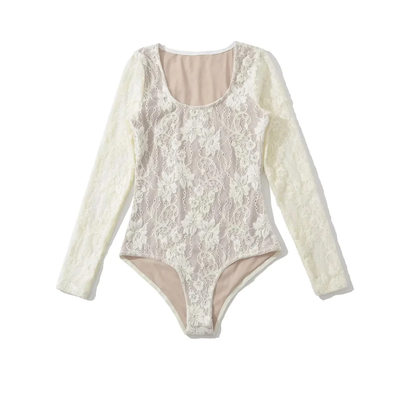 Women's Scoop Neck Double Layer Long Sleeved Lace Bodysuit