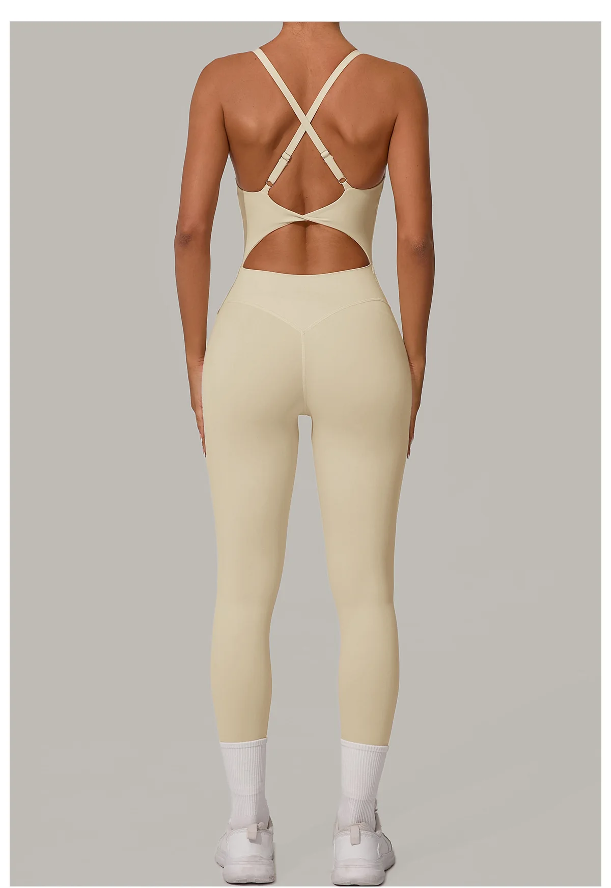 New Nylon Pad V-Neck Wrap Yoga Bodysuit - Adjustable Hook Tummy Control Butt Lift Workout Jumpsuit