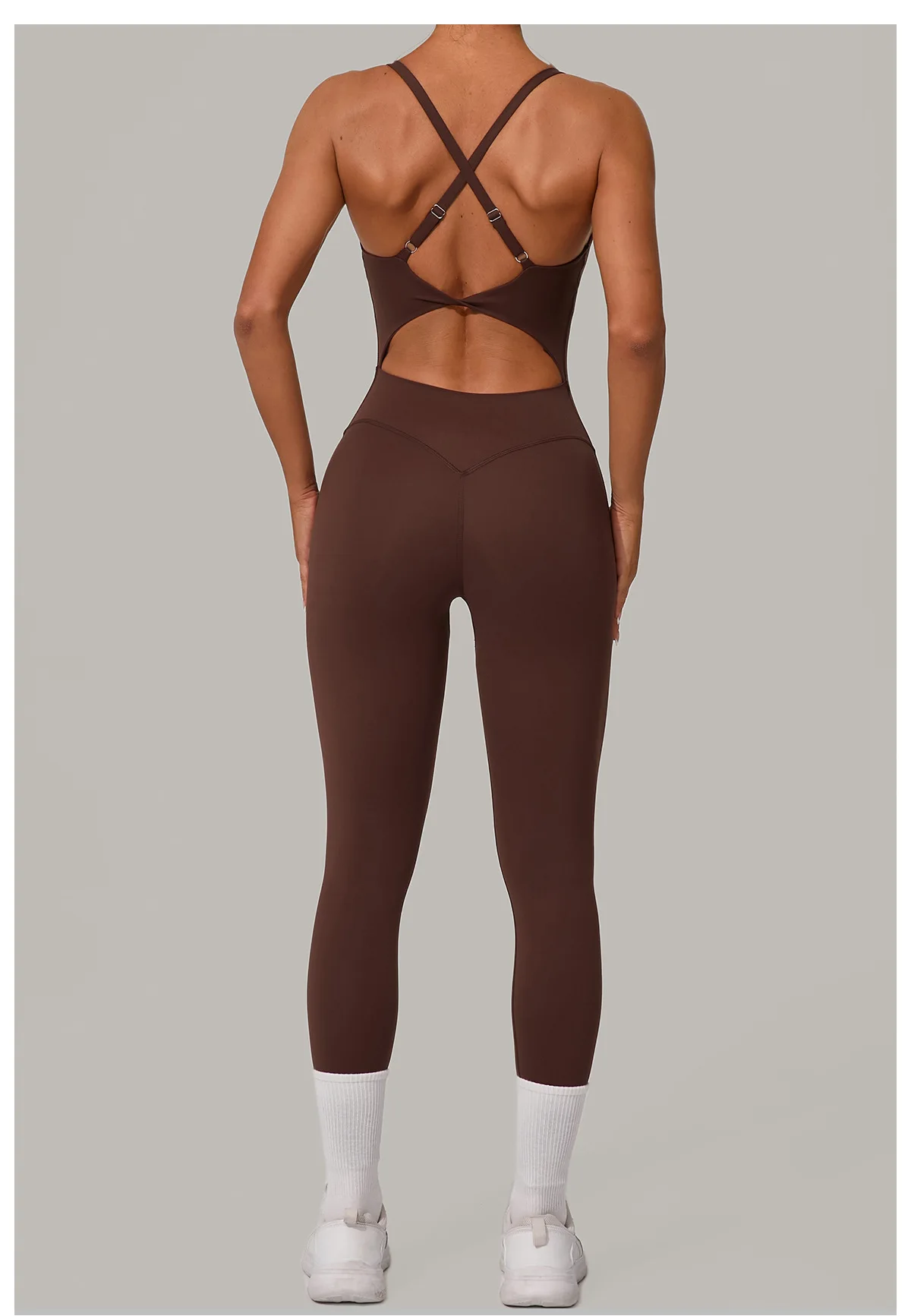 New Nylon Pad V-Neck Wrap Yoga Bodysuit - Adjustable Hook Tummy Control Butt Lift Workout Jumpsuit