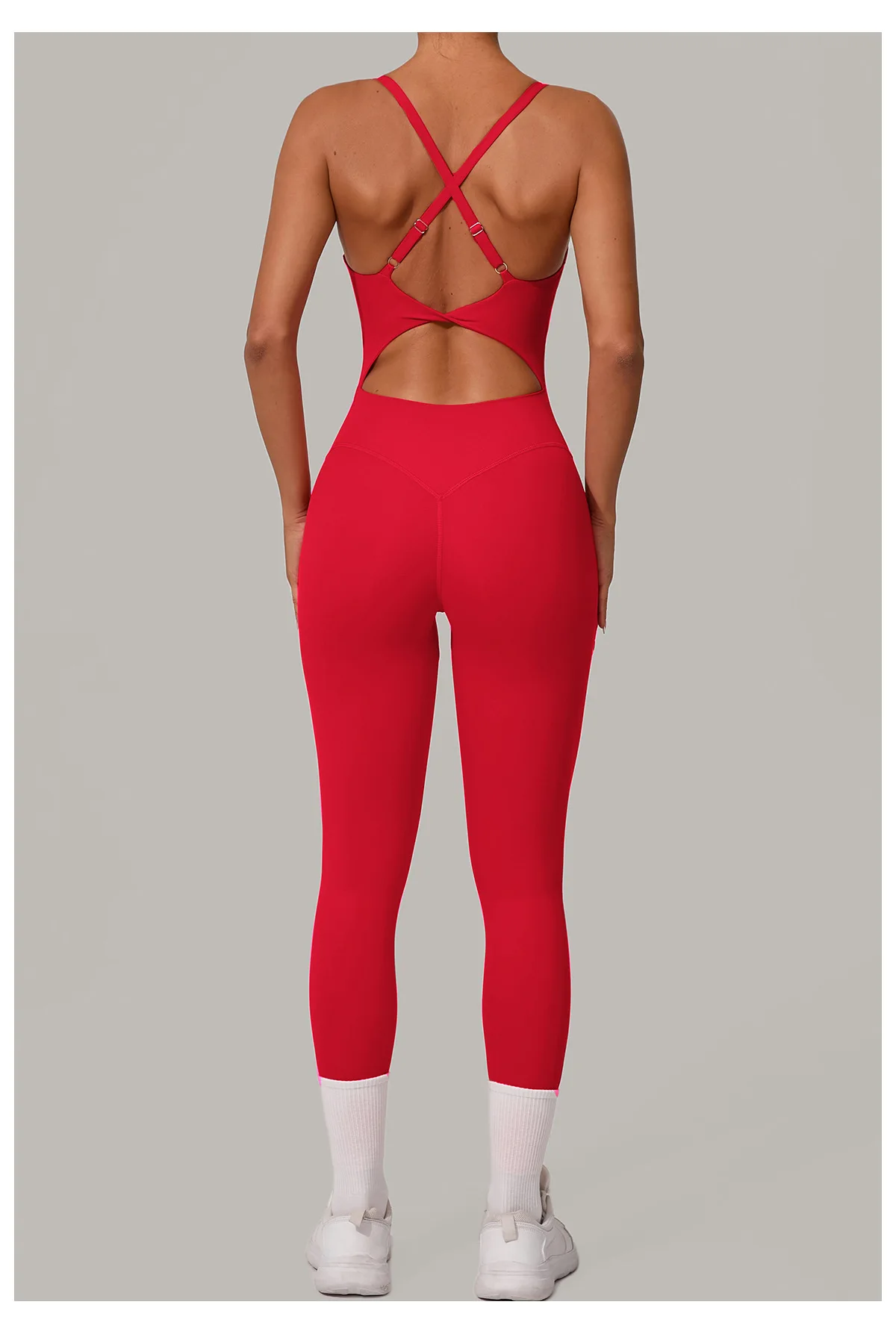 New Nylon Pad V-Neck Wrap Yoga Bodysuit - Adjustable Hook Tummy Control Butt Lift Workout Jumpsuit