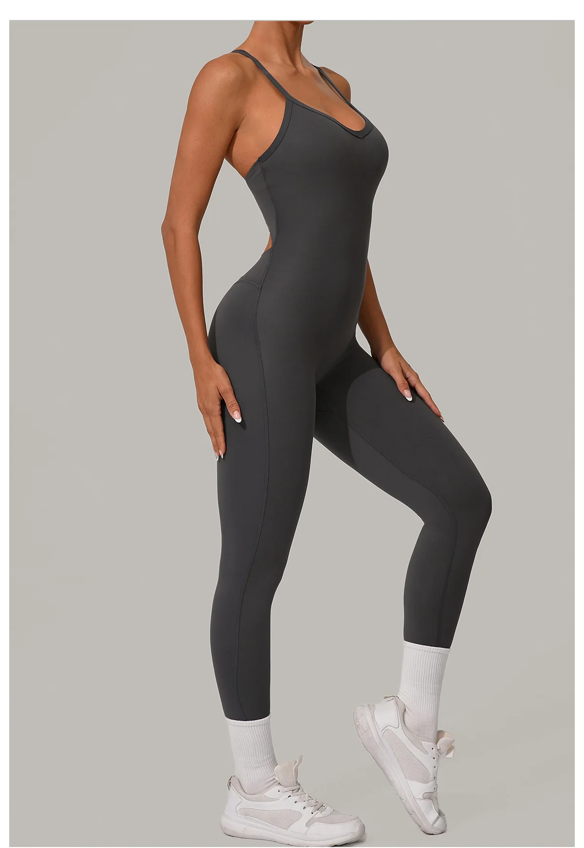 New Nylon Pad V-Neck Wrap Yoga Bodysuit - Adjustable Hook Tummy Control Butt Lift Workout Jumpsuit