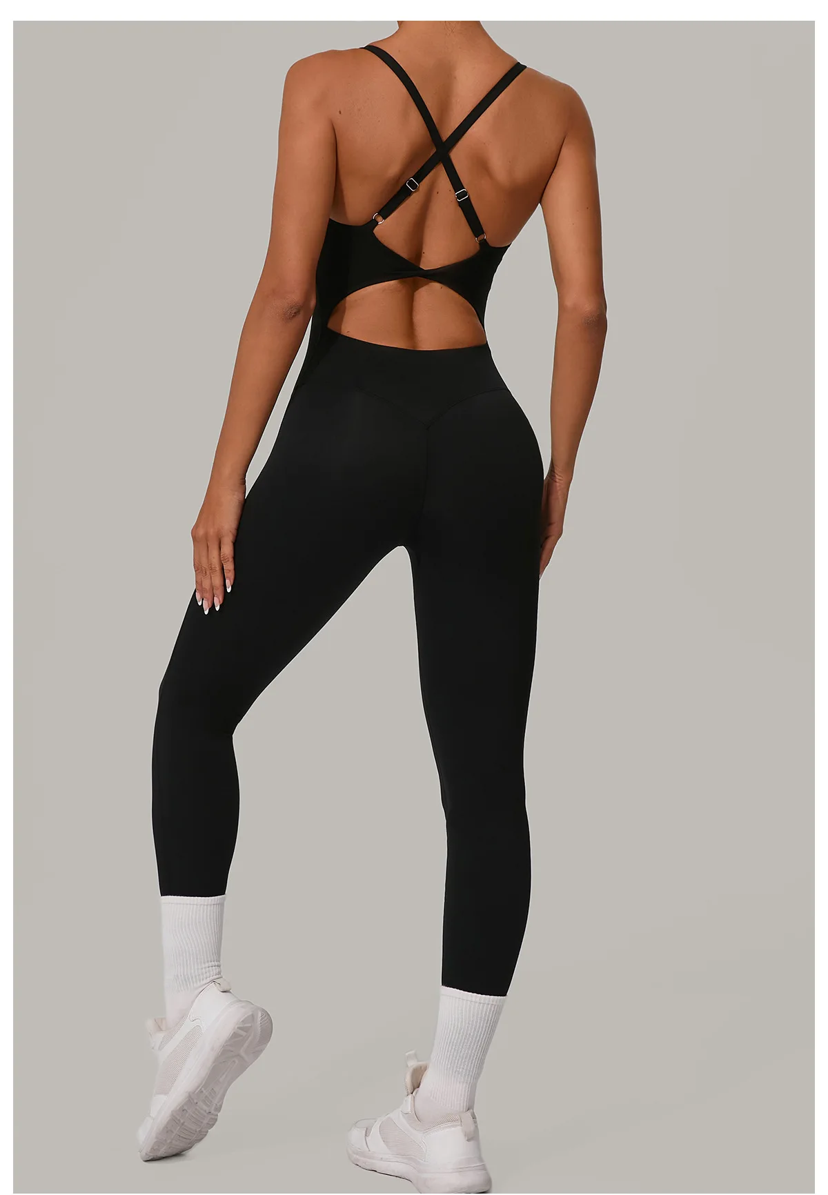 New Nylon Pad V-Neck Wrap Yoga Bodysuit - Adjustable Hook Tummy Control Butt Lift Workout Jumpsuit