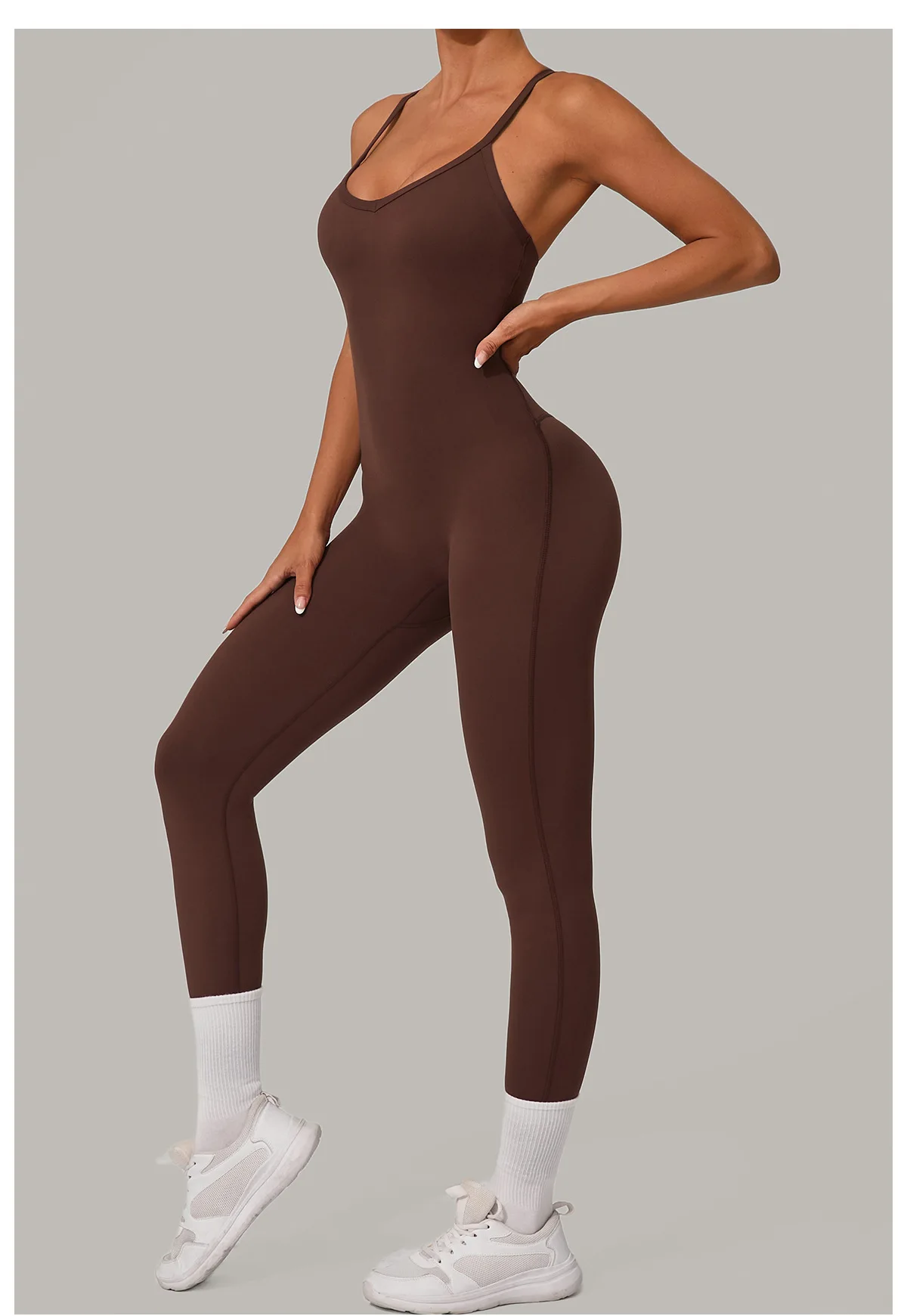 New Nylon Pad V-Neck Wrap Yoga Bodysuit - Adjustable Hook Tummy Control Butt Lift Workout Jumpsuit
