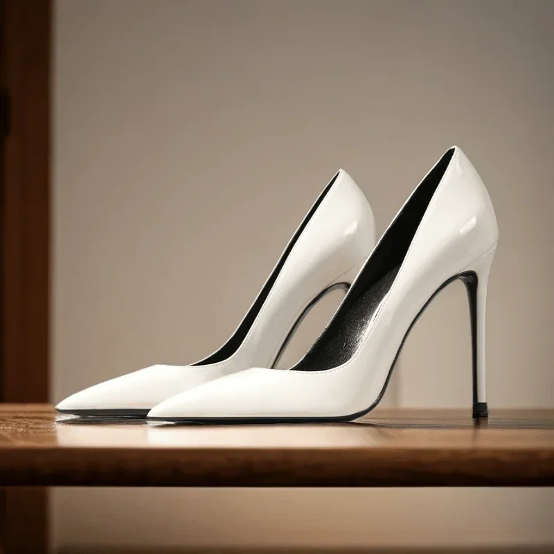 New Minimalist Women's Single Shoes, Plus Size Professional Pointed High Heels, Silver Black and White Mirror Summer Work Shoes