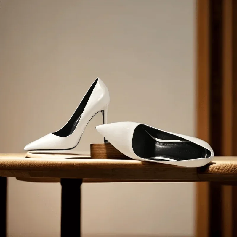 New Minimalist Women's Single Shoes, Plus Size Professional Pointed High Heels, Silver Black and White Mirror Summer Work Shoes