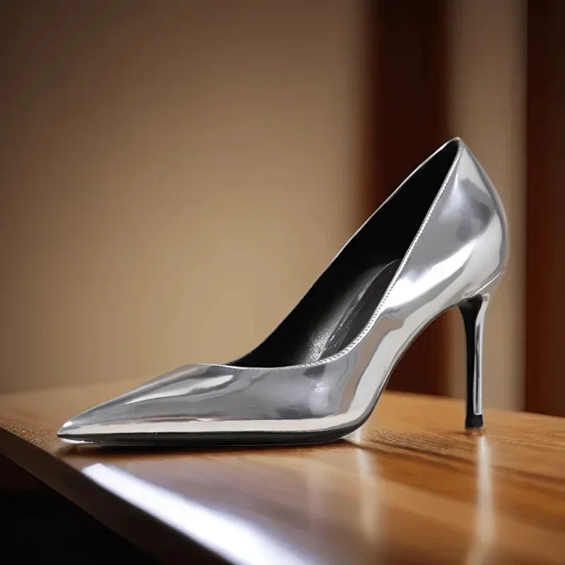 New Minimalist Women's Single Shoes, Plus Size Professional Pointed High Heels, Silver Black and White Mirror Summer Work Shoes