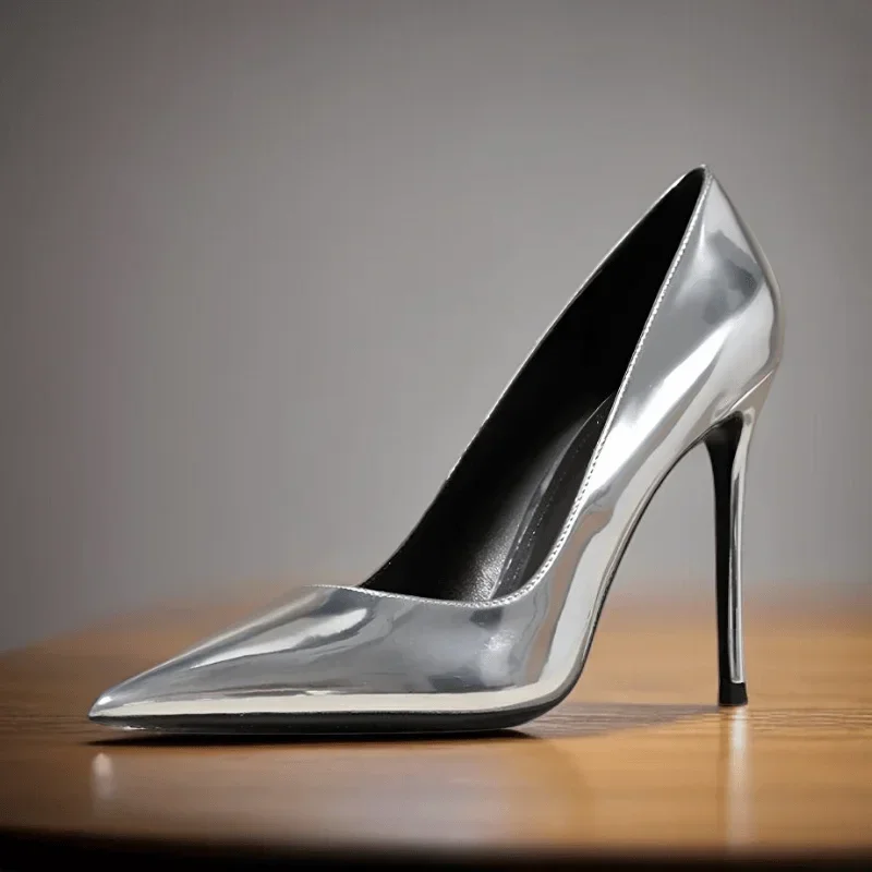 New Minimalist Women's Single Shoes, Plus Size Professional Pointed High Heels, Silver Black and White Mirror Summer Work Shoes