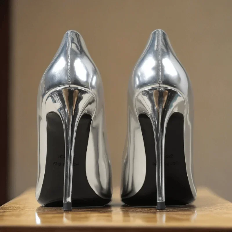 New Minimalist Women's Single Shoes, Plus Size Professional Pointed High Heels, Silver Black and White Mirror Summer Work Shoes