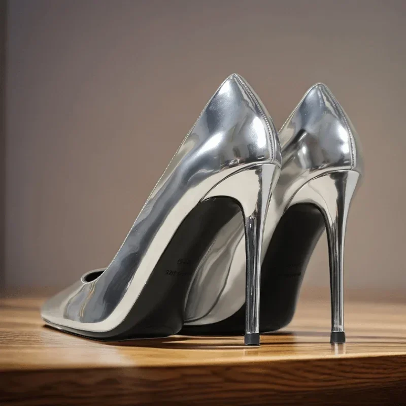 New Minimalist Women's Single Shoes, Plus Size Professional Pointed High Heels, Silver Black and White Mirror Summer Work Shoes