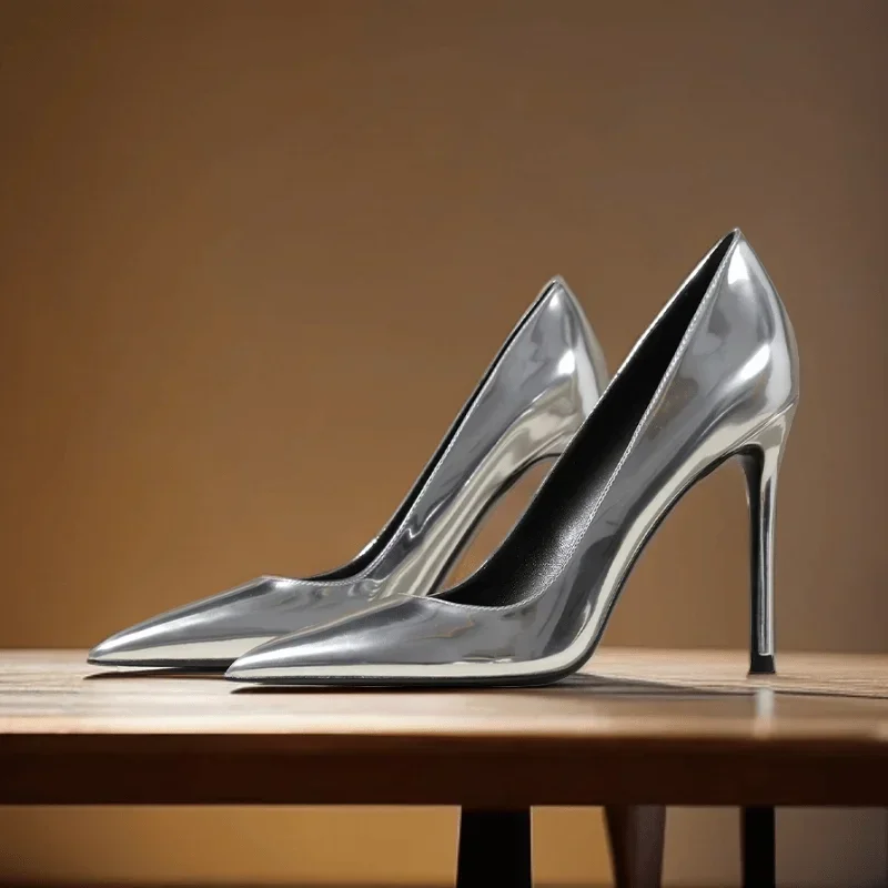New Minimalist Women's Single Shoes, Plus Size Professional Pointed High Heels, Silver Black and White Mirror Summer Work Shoes