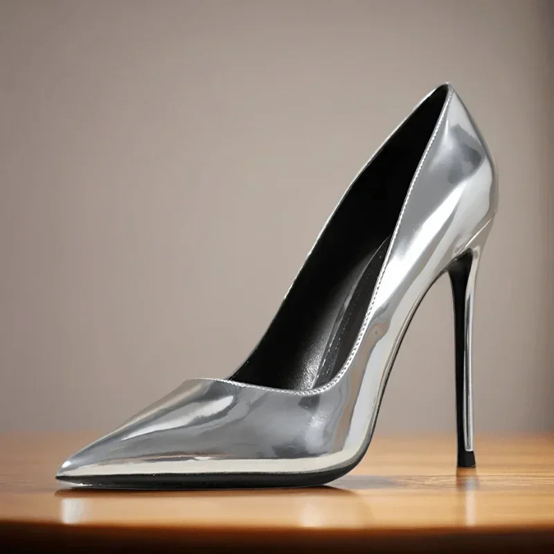 New Minimalist Women's Single Shoes, Plus Size Professional Pointed High Heels, Silver Black and White Mirror Summer Work Shoes
