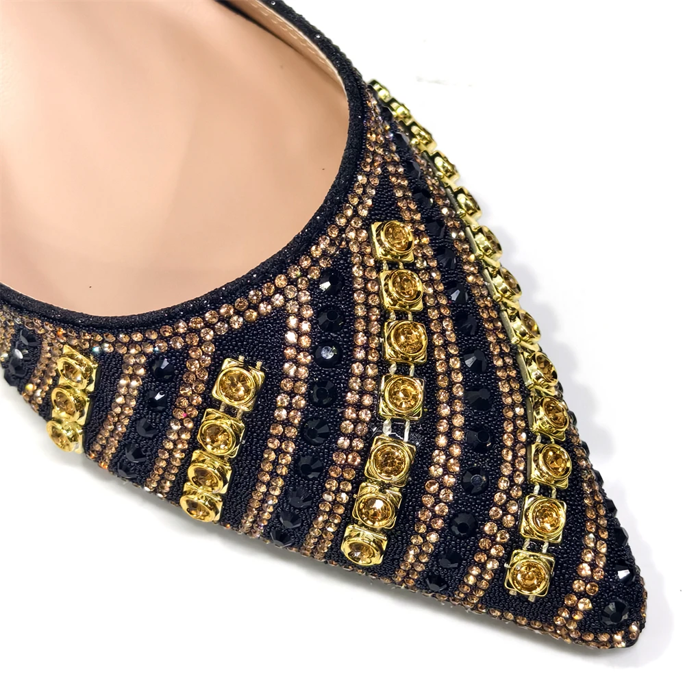 2025 Shiny Italian Fashion Pointed Toe Women Heel Fashion Rhinestone Decoration Fuchsia Color Shoes And Bag Set