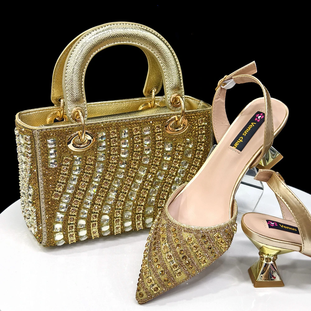 2025 Shiny Italian Fashion Pointed Toe Women Heel Fashion Rhinestone Decoration Fuchsia Color Shoes And Bag Set