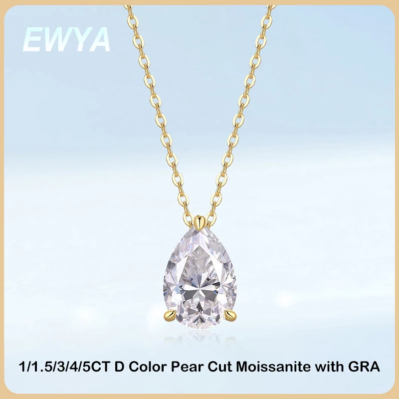 EWYA Pear Cut 1/1.5/3/4/5CT D Color Moissanite Pendant Necklace for Women Men 925 Silver Waterdrop Solitaire Diamond Neck Chain
