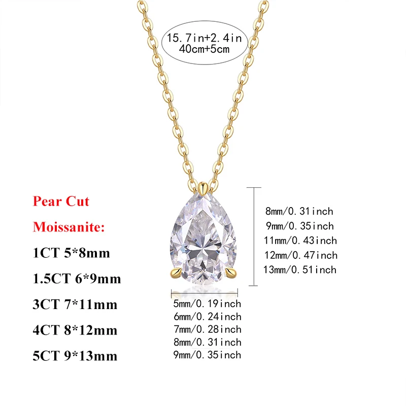 EWYA Pear Cut 1/1.5/3/4/5CT D Color Moissanite Pendant Necklace for Women Men 925 Silver Waterdrop Solitaire Diamond Neck Chain