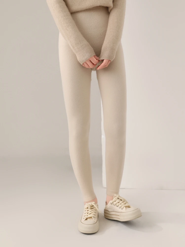 Women 100% Merino Wool Knitted Leggings Autumn Winter Soild High Waisted Wool Pants Comfort Small Leg Pants Versatile Thick Warm