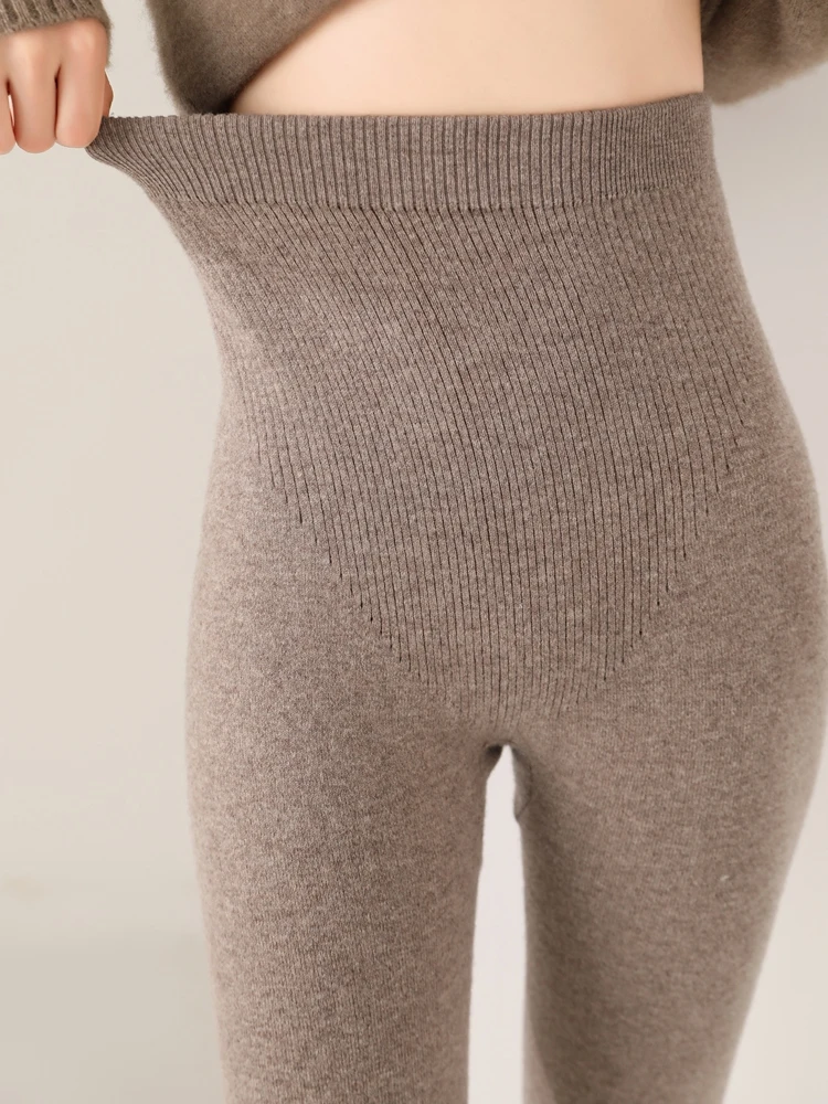 Women 100% Merino Wool Knitted Leggings Autumn Winter Soild High Waisted Wool Pants Comfort Small Leg Pants Versatile Thick Warm