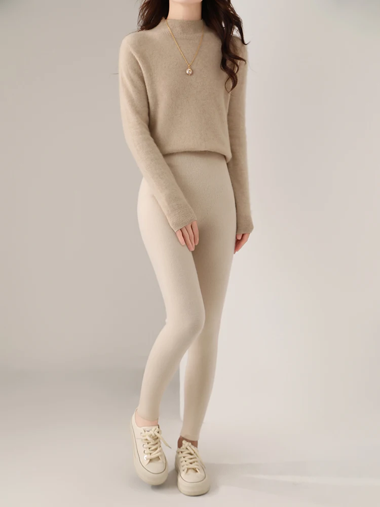 Women 100% Merino Wool Knitted Leggings Autumn Winter Soild High Waisted Wool Pants Comfort Small Leg Pants Versatile Thick Warm