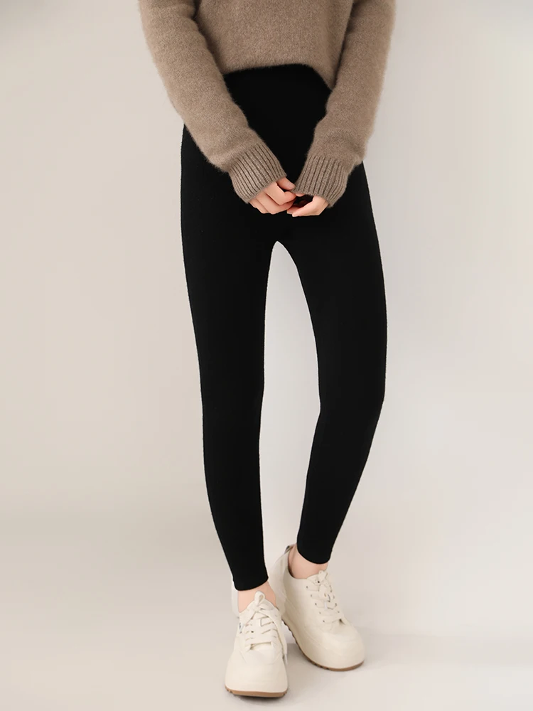 Women 100% Merino Wool Knitted Leggings Autumn Winter Soild High Waisted Wool Pants Comfort Small Leg Pants Versatile Thick Warm