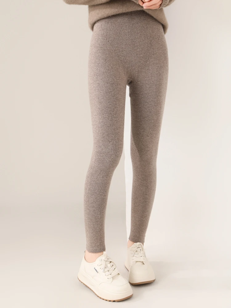 Women 100% Merino Wool Knitted Leggings Autumn Winter Soild High Waisted Wool Pants Comfort Small Leg Pants Versatile Thick Warm