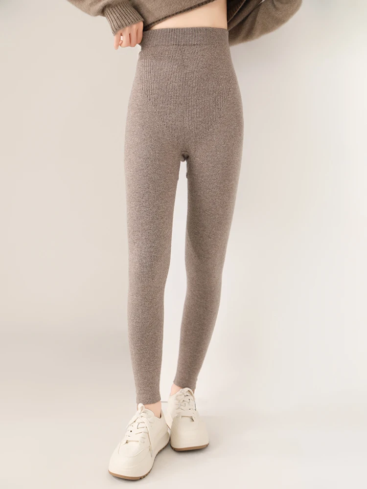 Women 100% Merino Wool Knitted Leggings Autumn Winter Soild High Waisted Wool Pants Comfort Small Leg Pants Versatile Thick Warm