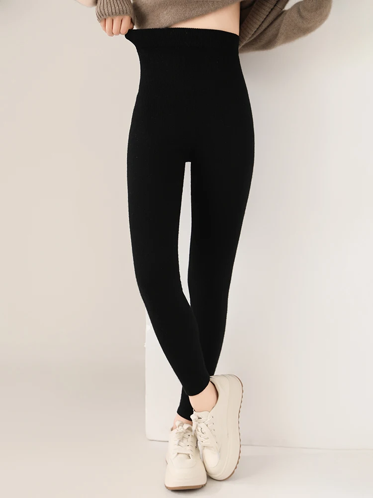 Women 100% Merino Wool Knitted Leggings Autumn Winter Soild High Waisted Wool Pants Comfort Small Leg Pants Versatile Thick Warm