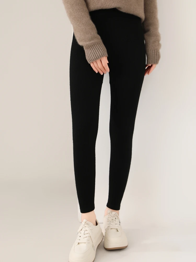 Women 100% Merino Wool Knitted Leggings Autumn Winter Soild High Waisted Wool Pants Comfort Small Leg Pants Versatile Thick Warm