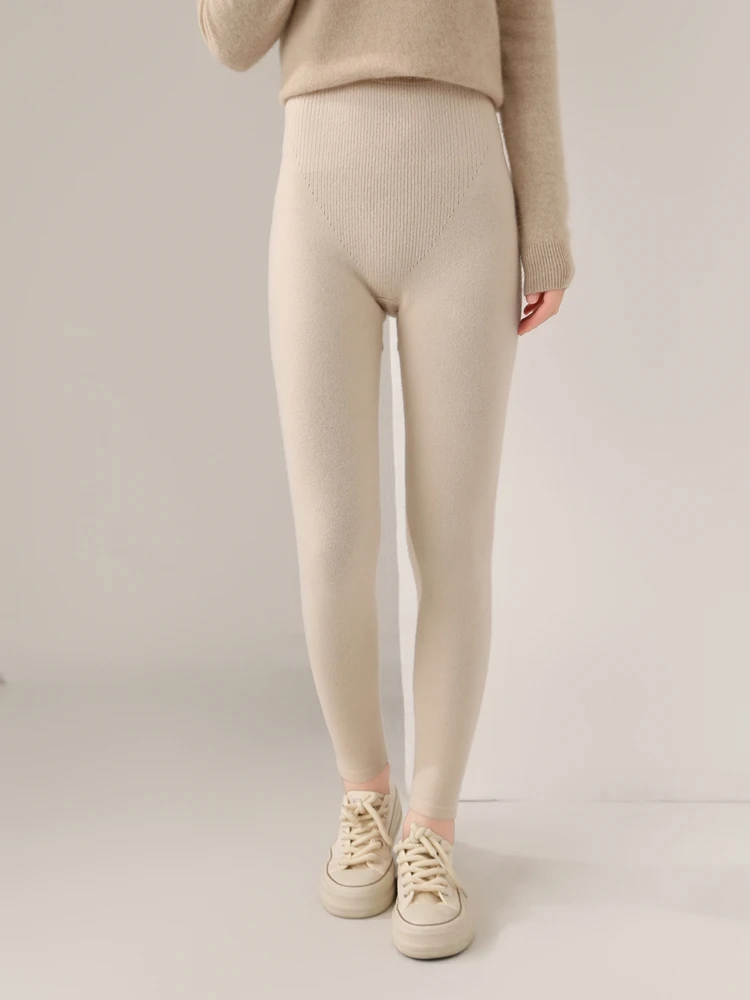 Women 100% Merino Wool Knitted Leggings Autumn Winter Soild High Waisted Wool Pants Comfort Small Leg Pants Versatile Thick Warm