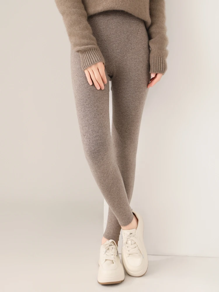 Women 100% Merino Wool Knitted Leggings Autumn Winter Soild High Waisted Wool Pants Comfort Small Leg Pants Versatile Thick Warm