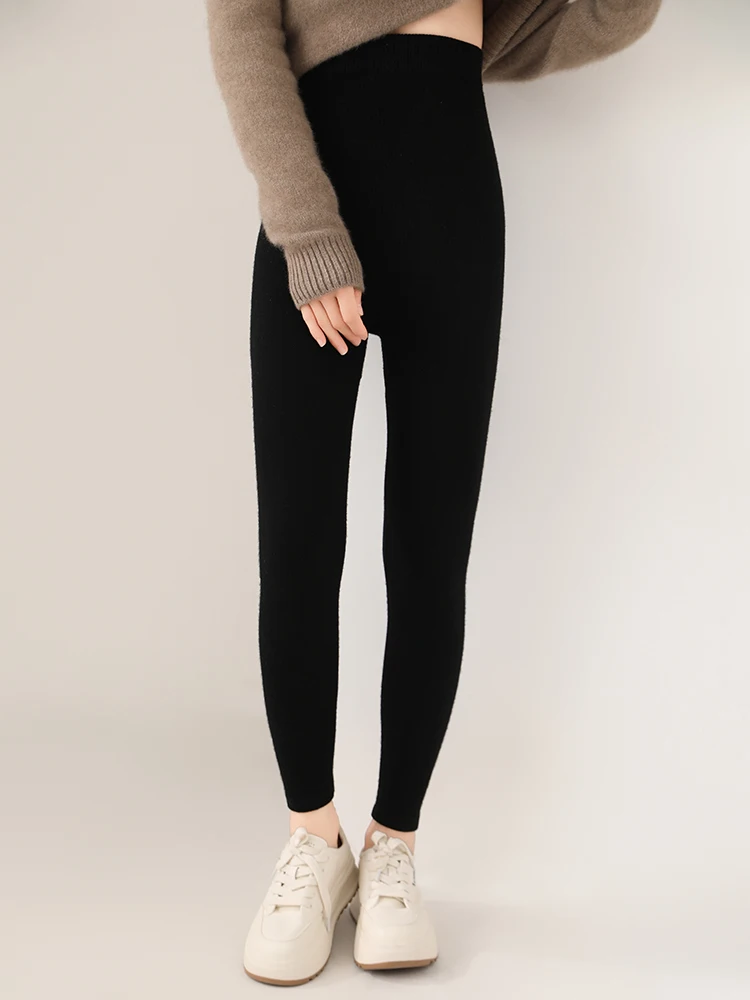 Women 100% Merino Wool Knitted Leggings Autumn Winter Soild High Waisted Wool Pants Comfort Small Leg Pants Versatile Thick Warm