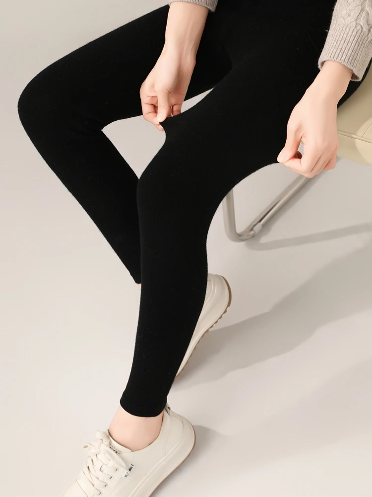 Women 100% Merino Wool Knitted Leggings Autumn Winter Soild High Waisted Wool Pants Comfort Small Leg Pants Versatile Thick Warm