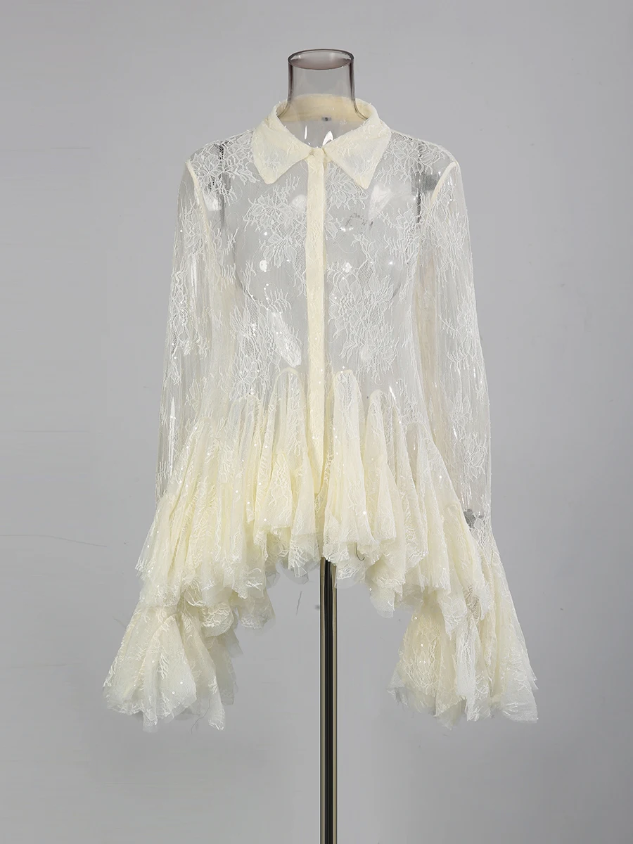 TWOTWINSTYLE Sheer Spliced Ruffles Folds Mini Dresses for Women Lapel Long Sleeves Patchwork Single Breasted Sexy Dress Female